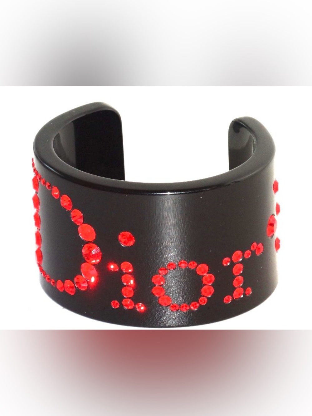CHRISTIAN DIOR Rare Black Resin Red Crystal DIOR Logo Cuff Bracelet Small
